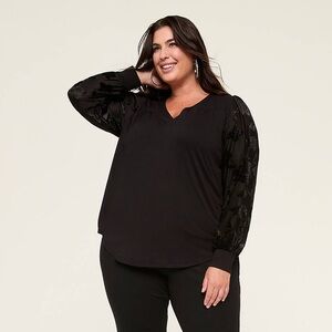 Lane Bryant Black Mesh-Sleeve Pleat-Front Top Size 18/20